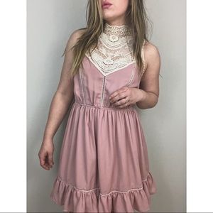 Romantic High Neck Lace Pink Ruffled Party Dress